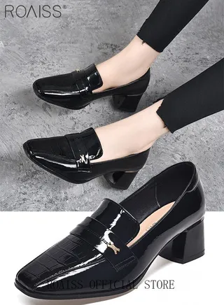 Fashion Office Ladies Shoes Women Pu Leather Pumps Shoes British Style Square Toe Leather Shoes Mid Heel Chunky Heel Women's Shoes 