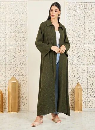 Spot Print Front Open Collared Maxi Abaya 
