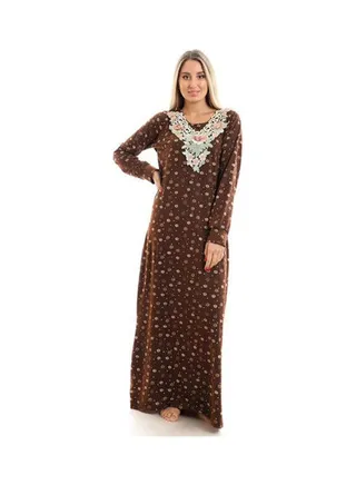 Printed Long Sleeve Maxi Jalabiya Brown 