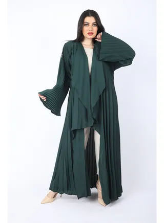 Maxi  Plissé Abaya with Long Wide Sleeves ,Dark Green 