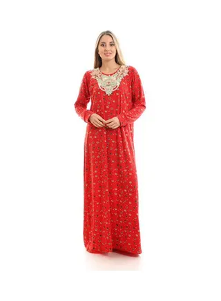 Printed Long Sleeve Maxi Jalabiya Red 