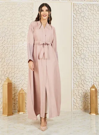 Lace Detail Sleeves Concealed Placket Closure Abaya with Self Tie Up 