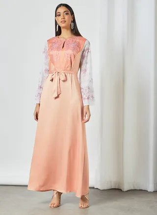 Lace Panel Tie-Waist Dress Peach/Pink 