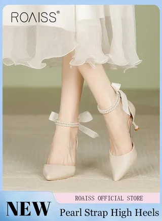Women High Heels with Pearl Strap Pointed Toe Shallow Design Fashionable and Versatile for Daily Commuting 
