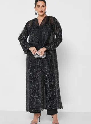 Textured Shimmer Abaya With Sheila 