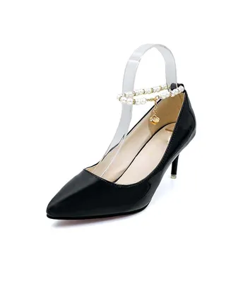 PU Leather Buckle Mid Heel Stiletto Ankle Strap Pumps Black 