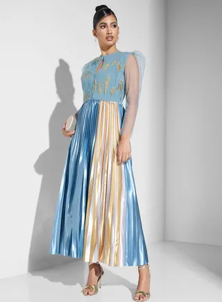 Plisse Keyhole Neck Dress