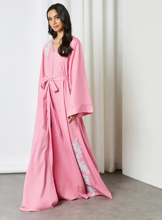 Lace Applique Belted Abaya Pink 