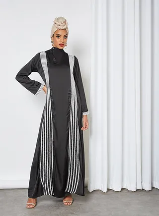 Contrast Crochet Overlay Abaya Black 
