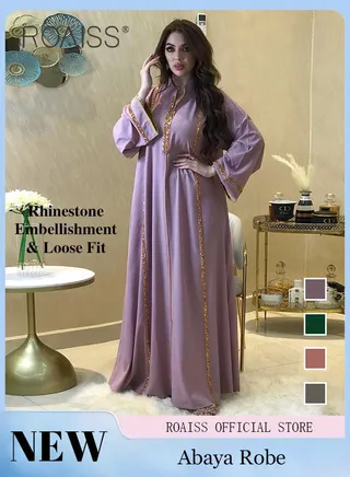 Abaya Muslim Lightweight Casual Dress for Women Diamond Studded Webbing Loose Long Skirt with Large Hem 