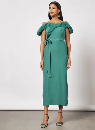 Off Shoulder Draped Ruffle Bodice Dress 