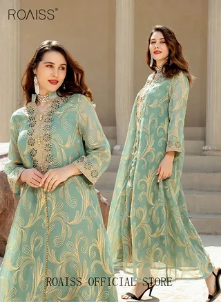 Women Luxury Stand Collar Graphic Printing Robe Maxi Dresses Exclusive Styles Modern Stylish Abaya Middle East Arabic Banquet Wedding Party Dress Women's Festival Clothing 