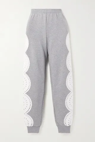 Stella McCartney - Broderie Anglaise-trimmed Cotton-jersey Tapered Track Pants - Gray