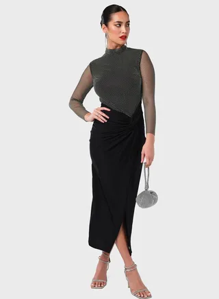 Diamonte Mesh Twisted Knot Skirt Dress