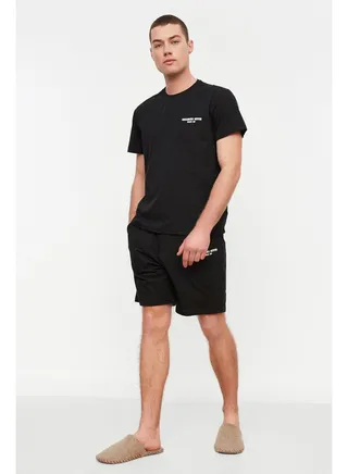 Men's Black Regular Fit Printed Pajamas Set 