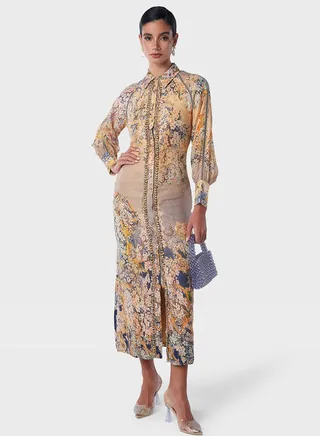 Jewel Embellished Front Panel Printed Shirt Dress