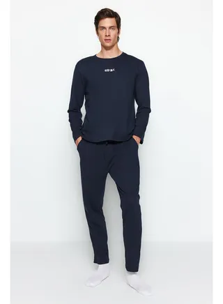 Men's Navy Blue Printed Knitted Pajamas Set 