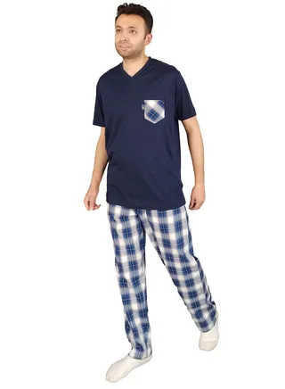 Men Summer Pajama Set Half Sleeve & Carreaux Bottom -Navy Blue 