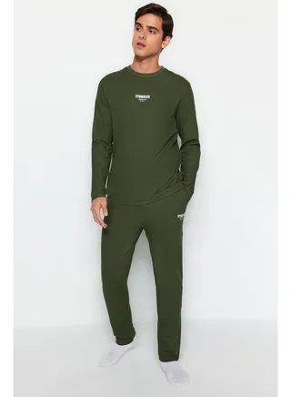 Men's Khaki Regular Fit Printed Waffle Knitted Pajamas Set. 