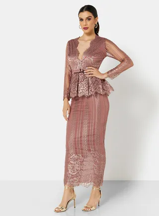 Plunge Neck Peplum Lace Dress Pink 