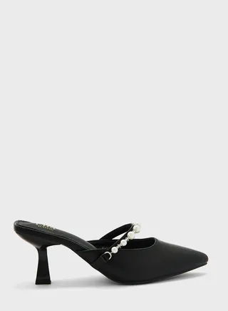 Pearl-Embellished High Heel Mules 