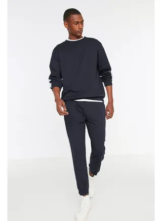 Navy Blue Knitted Pajamas with Stripes. 