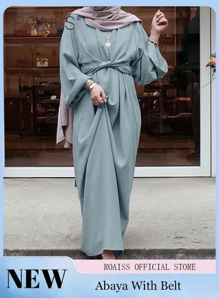 Abaya with Belt for Women Ladies Long Sleeve Dress Classic Style Long Sleeve Tunic Round Neck Casual Elegant Dress for Daily Outfit 