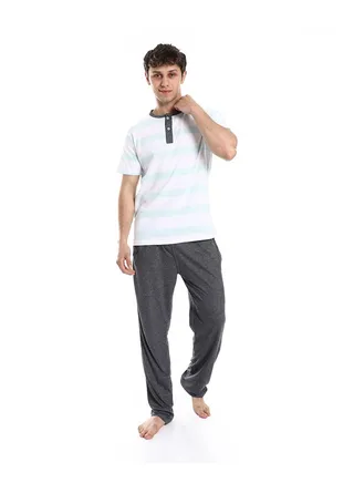 Short Sleeve Multi Pattern Pajama Set _ Gray,White & Mint 