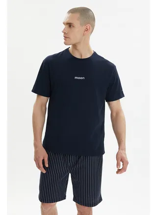Navy Blue Men's Regular Fit Moon Printed Knitted Pajamas Set 
