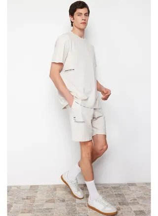 Men's Beige Slogan Printed Knitted Pajamas Set 