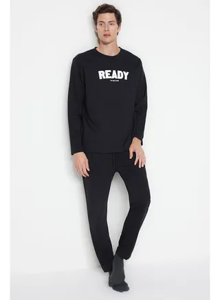 Men's Black Regular Fit Printed Knitted Pajamas Set 
