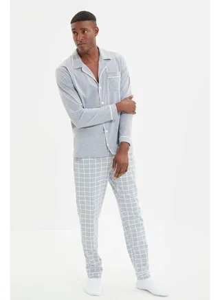 Gray Men's Regular Fit Top Piping Detailed Knitted Pajamas Set 