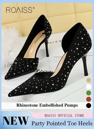 Women Pointed Toe Stiletto High Heels to Enhance Leg Lines Visually Slimming Luxurious Silk Satin Material with Side Hollow Design and Rhinestone Embellishments Perfect for Formal Events and Parties 