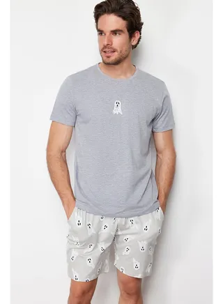 Men's Gray Printed Regular Fit Knitted Pajamas Set 