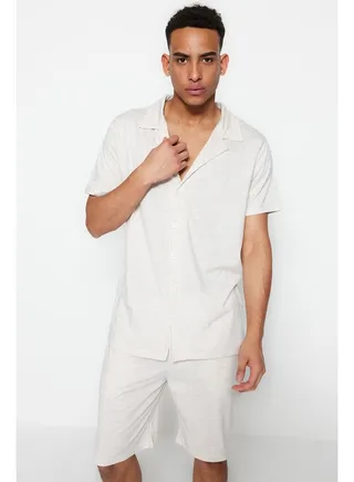 Beige Men's Relaxed Fit Shirt Collar Knitted Pajama Set 