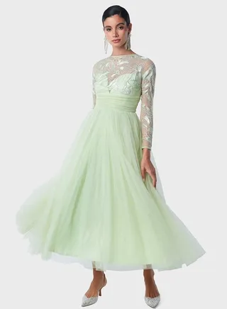 Metallic Embroidered Bodice Tulle Dress