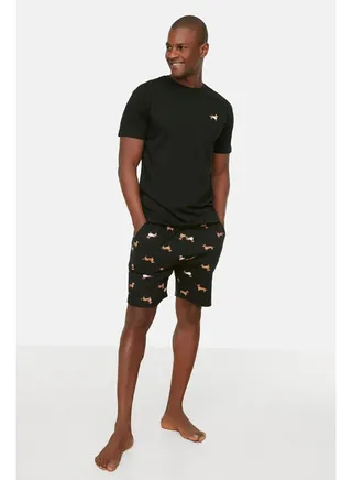 Black Men's Regular Fit Printed Knitted Pajamas Set 
