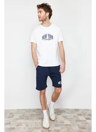 Navy Blue Men's Printed Regular Fit Knitted Pajamas Set 