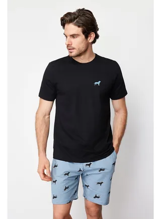 Men's Blue Printed Regular Fit Knitted Pajamas Set 