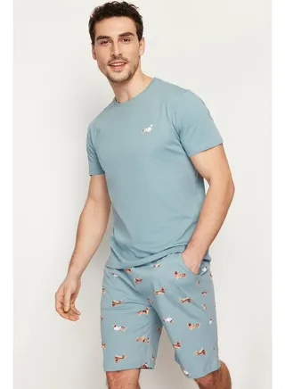 Men's Blue Regular Fit Printed Knitted Pajamas Set 
