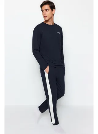 Men's Navy Blue Embroidery Detailed Knitted Pajamas Set 