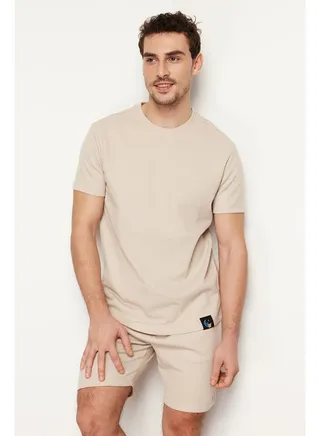 Men's Beige Regular Fit Waffle Knitted Pajamas Set 