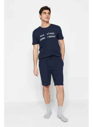 Navy Blue Knitted Pajamas Set 