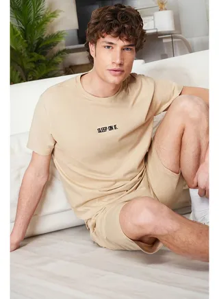 Men's Beige Regular Fit Pajama Set 