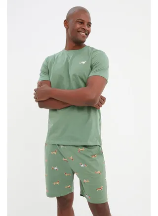 Green Printed Knitted Pajamas Set 