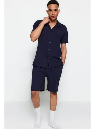 Navy Blue Unisex Regular Fit Apache Collar Pajama Set 