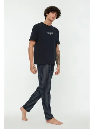 Navy Blue Men's Printed Knitted Pajamas Set 