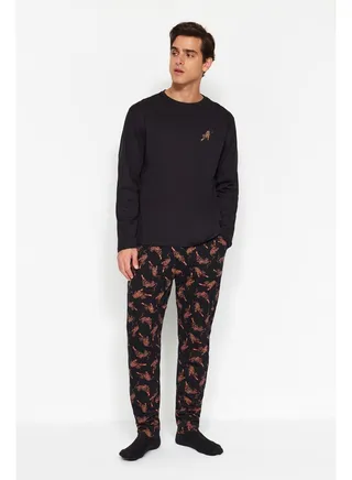 Men's Black Regular Fit Printed Knitted Pajamas Set 