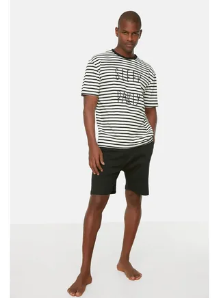 Black Men's Regular Fit Knitted Pajamas Set 