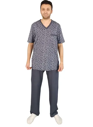 Men Summer Pajama Set Printed Top & Plain Bottom -Dark Grey 